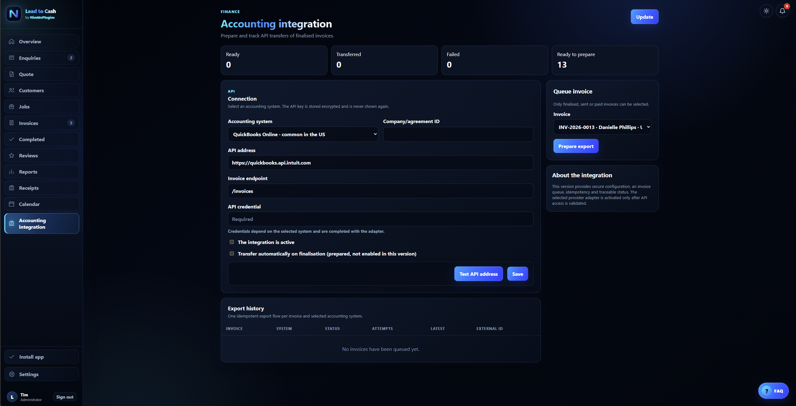 Accounting integration screenshot