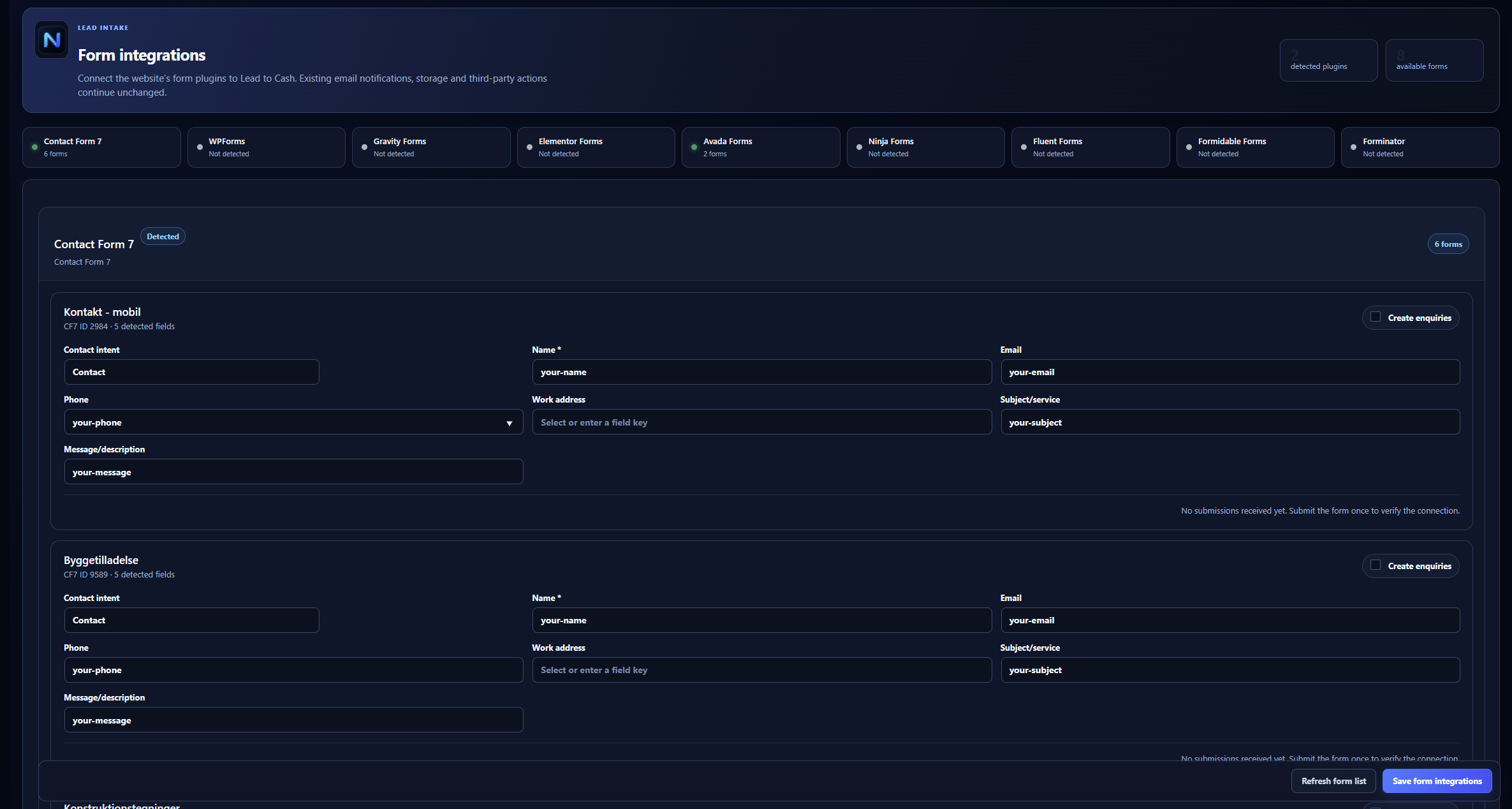 Form detection & setup screenshot
